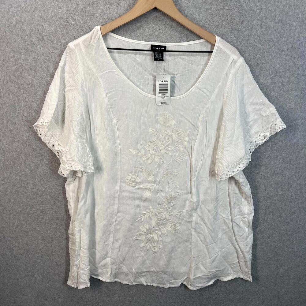 Torrid Top Blouse Womens 2X White‎ Embroidered Gauze Lace Boho Peasant Flowy